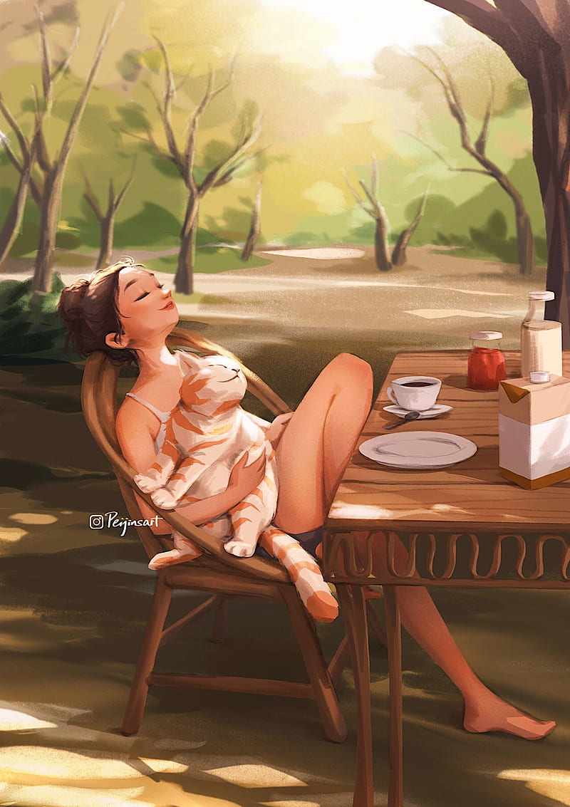Peijin Yang, closed eyes, portrait display, sitting, cats, table, chair, drawing, Chill Out, artwork, brunette, women, ArtStation, HD phone wallpaper