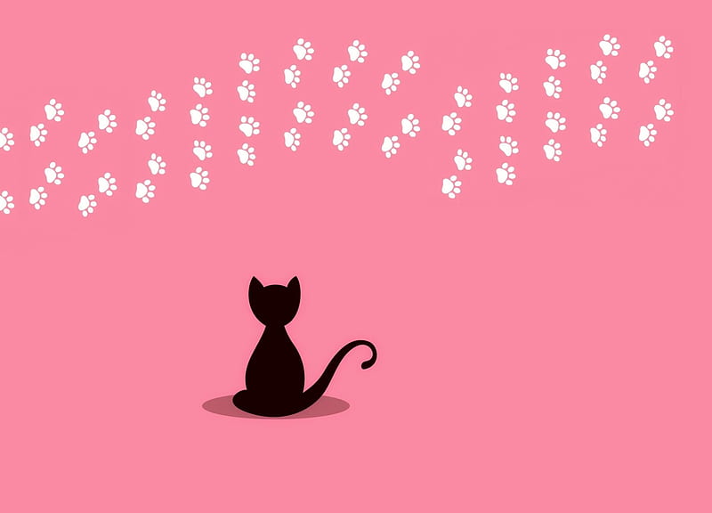 Curious, black, foot prints, cat, silhouette, paws, texture, ruth black, white, pink, pisica, vector, HD wallpaper