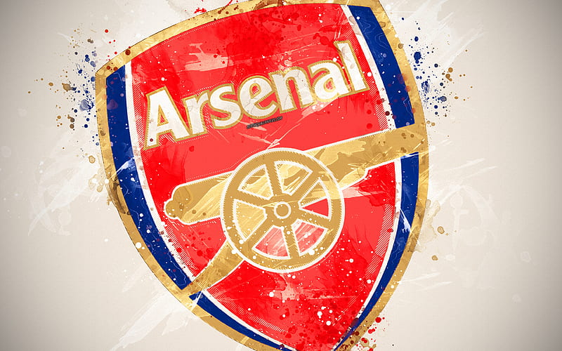 Arsenal FC paint art, logo, creative, English football team, Premier League, emblem, red background, grunge style, London, England, football, HD wallpaper