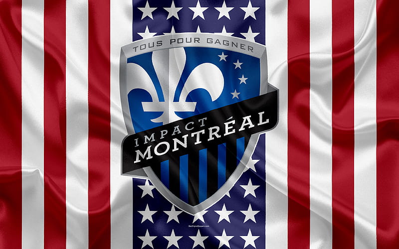 Montreal Impact logo, silk texture, American flag, emblem, football club, MLS, Montreal, Canada, USA, Major League Soccer, Eastern conference, HD wallpaper