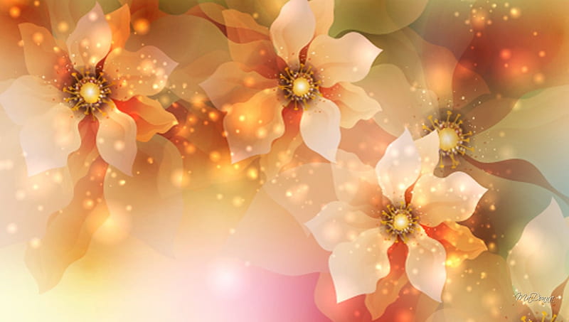 Fall Flower Sparkles, fall, autumn, glow, orange, shine, abstract, floral, sparkle, gold, flowers, pink, HD wallpaper