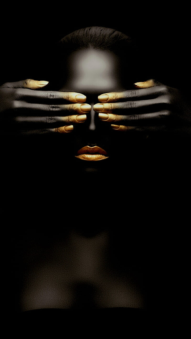 Black woman, dark, face, female, golden, hand, lips, HD phone wallpaper