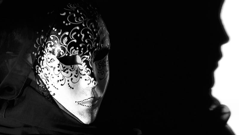 Behind the Mask, special, black and white, man, mysterious, woman, graphy, beauty, hop, mask, HD wallpaper