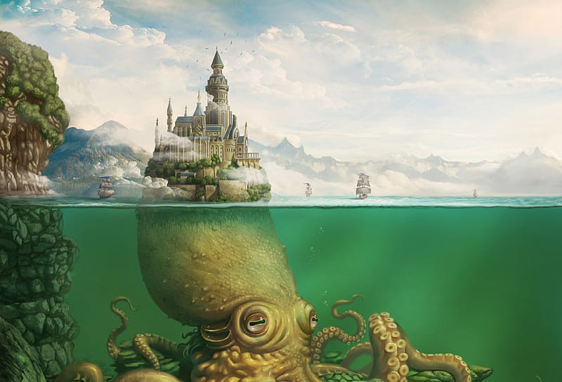 Kingdom of the Kraken, octopus, fantasy, water, luminos, kyu yong eom,  castle, HD wallpaper | Peakpx