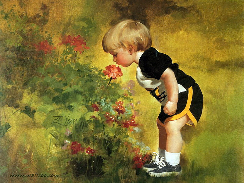 Donald Zolan children painting, donald zolan, art, grass, painting, children, flower, HD wallpaper