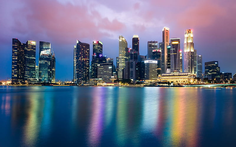 Singapore, nightscape, skyline, skyscrapers, Asia, HD wallpaper