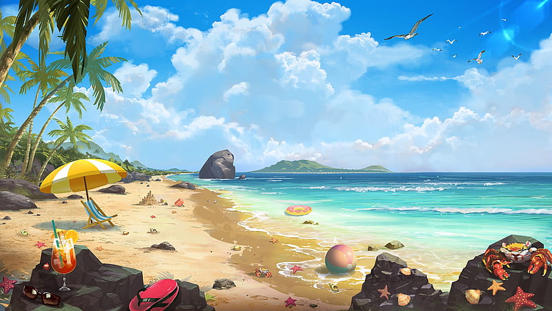 anime seascape, beach, clouds, summer, sand castle, seagulls, Anime, HD wallpaper
