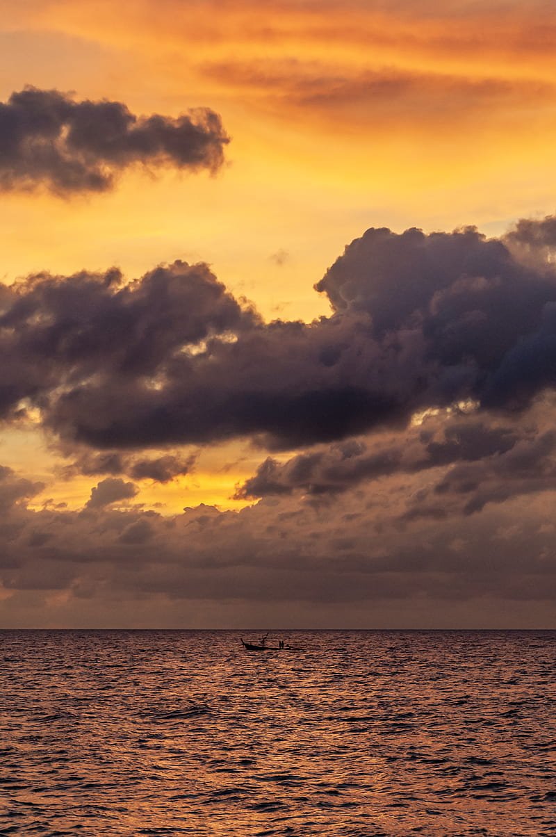 sea, water, boat, clouds, sky, twilight, HD phone wallpaper