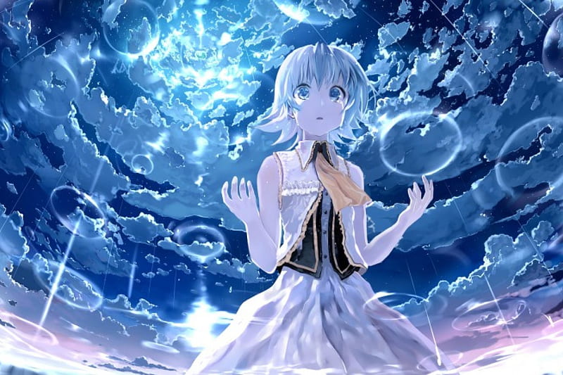 Poor Gumi, vocaloid, dress, gumi, sky, clouds, short hair, crying, anime, sad, bubbles, tears, blue eyes, HD wallpaper