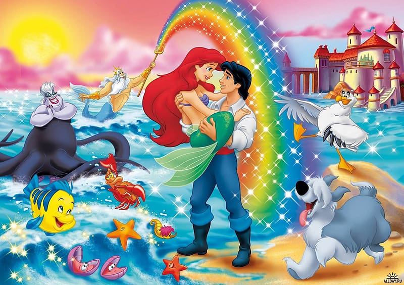 The Little Mermaid, movie, prince, couple, disney, siren, ariel, cartoon, childhood, rainbow, child, HD wallpaper