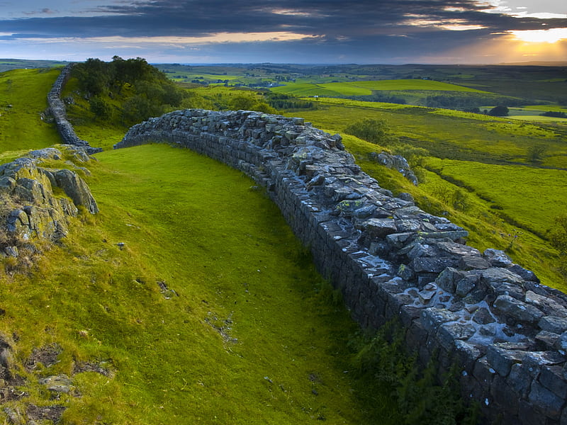 Hadrians Wall, Northumberland, England., hadrians wall, cloud, sun, grass, sky, wall, scenery, field, landscape, HD wallpaper