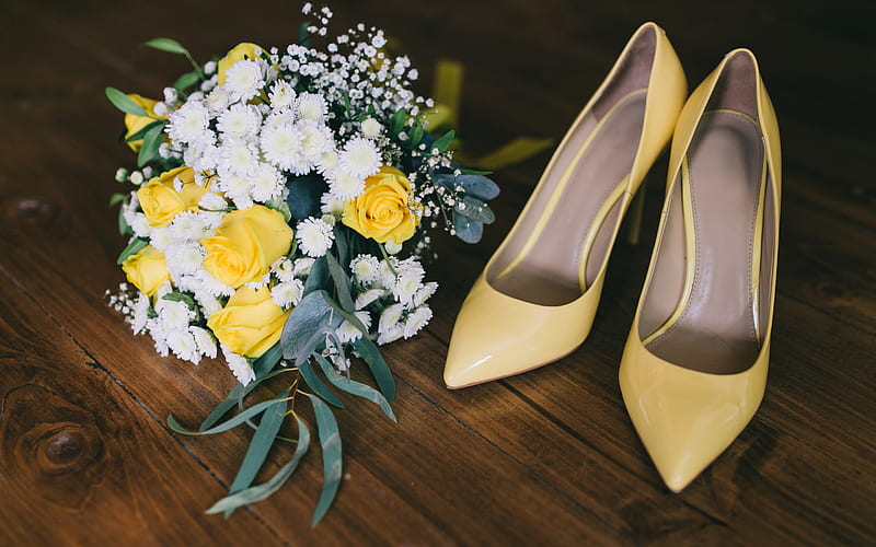 wedding bouquet with yellow roses, bride shoes, wedding concepts, bouquet of roses, bouquet of the bride, HD wallpaper