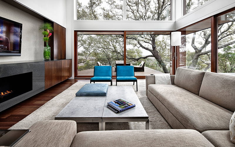 Living room, modern design, lounge interior, fireplace, modern interiors, HD wallpaper