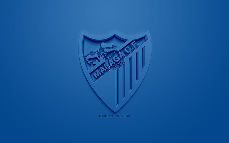 Malaga CF, creative 3D logo, blue background, 3d emblem, Spanish football club, La Liga 2, Segunda, Malaga, Spain, 3d art, football, Malaga FC, 3d logo, HD wallpaper