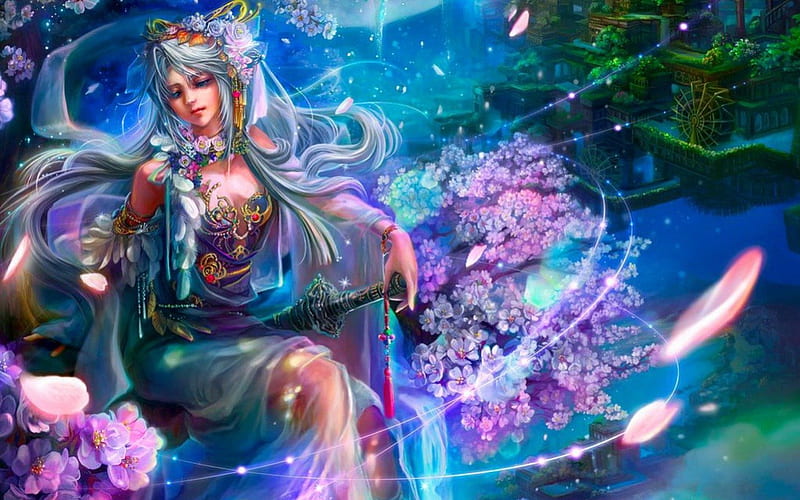 Spring night, pretty, fairytale, bonito, magic, woman, nice, fantasy, painting, enchanted, fairy, night, art, lovely, spring, tree, girl, blossoms, lady, blooming, HD wallpaper