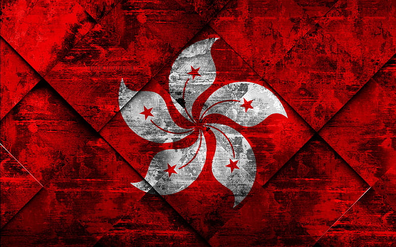 Flag of Hong Kong grunge art, rhombus grunge texture, Hong Kong flag, Asia, national symbols, Hong Kong, creative art, HD wallpaper