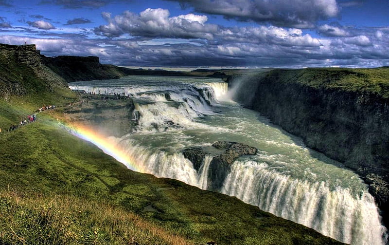 Gullfoss (Golden Falls), Iceland, waterfall, nature, rainbow, clouds, HD wallpaper