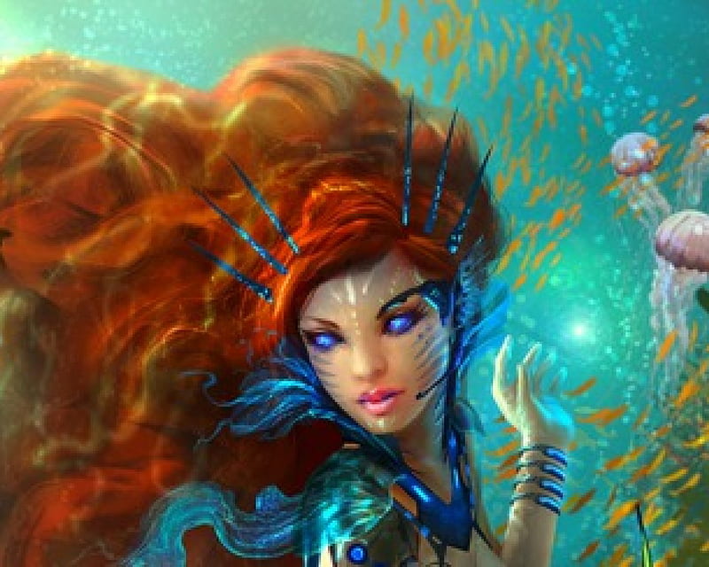 Underwater girl, underwater, fantasy, jellyfish, woman, HD wallpaper