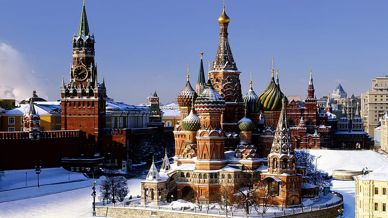 A snowy scene, red square, snow, domes, st basils cathedral, HD wallpaper