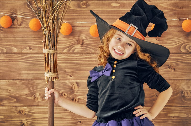 Little witch, witch, orange, halloween, black, hat, girl, pumpkin ...