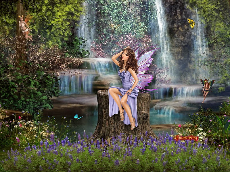 Download Fairyland Flowers Waterfall Butterfly Fairy Girl Hd Wallpaper Peakpx