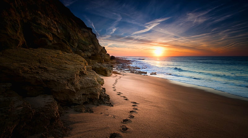 Footprints, beach, sand, stone, sunset, waves, sea, HD wallpaper
