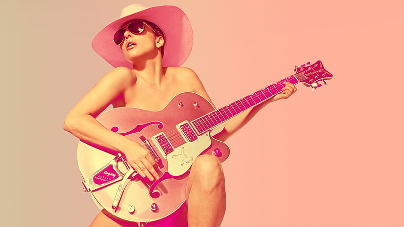 Lady GaGa, sunglasses, guitar, girl, woman, singer, pink, hat, HD wallpaper