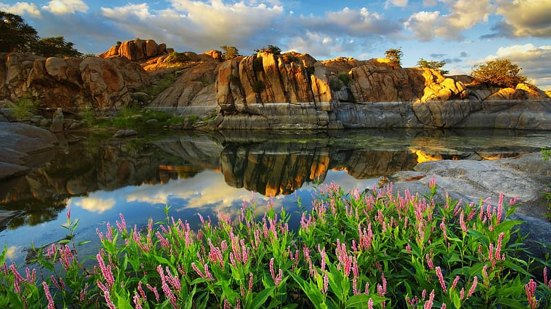 Watson Lake, Prescott, Arizona, sky, water, rocks, mountains, reflections, landscape, usa, trees, clouds, flowers, HD wallpaper
