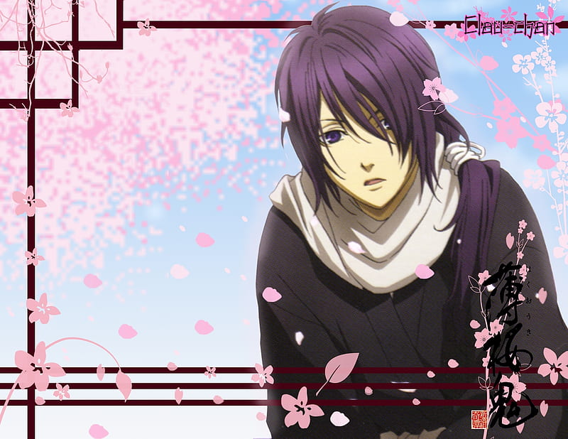 Hajime Saitou, guy, falling, saitou, cute, hair, boy, purple, anime, handsome, petals, hajime, HD wallpaper