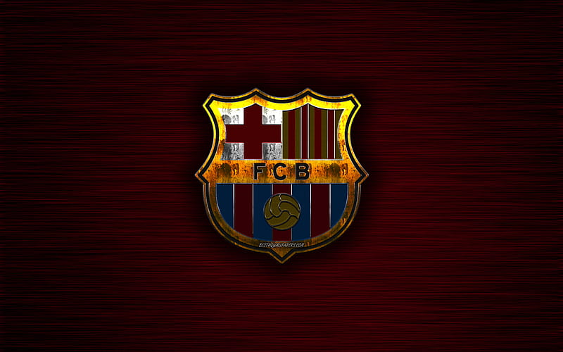 FC Barcelona, Spanish football club, burgundy metal texture, metal logo, emblem, Barcelona, Catalonia, Spain, La Liga, creative art, football, HD wallpaper