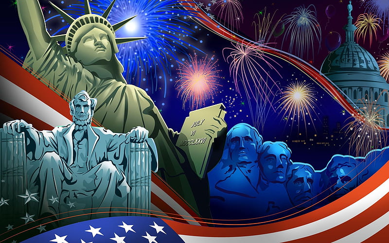 4th Of July 2018, Fireworks, Women, Statues, dom, Men, Statue of Liberty, HD wallpaper