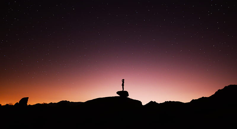 silhouette, lonely, loneliness, starry sky, HD wallpaper