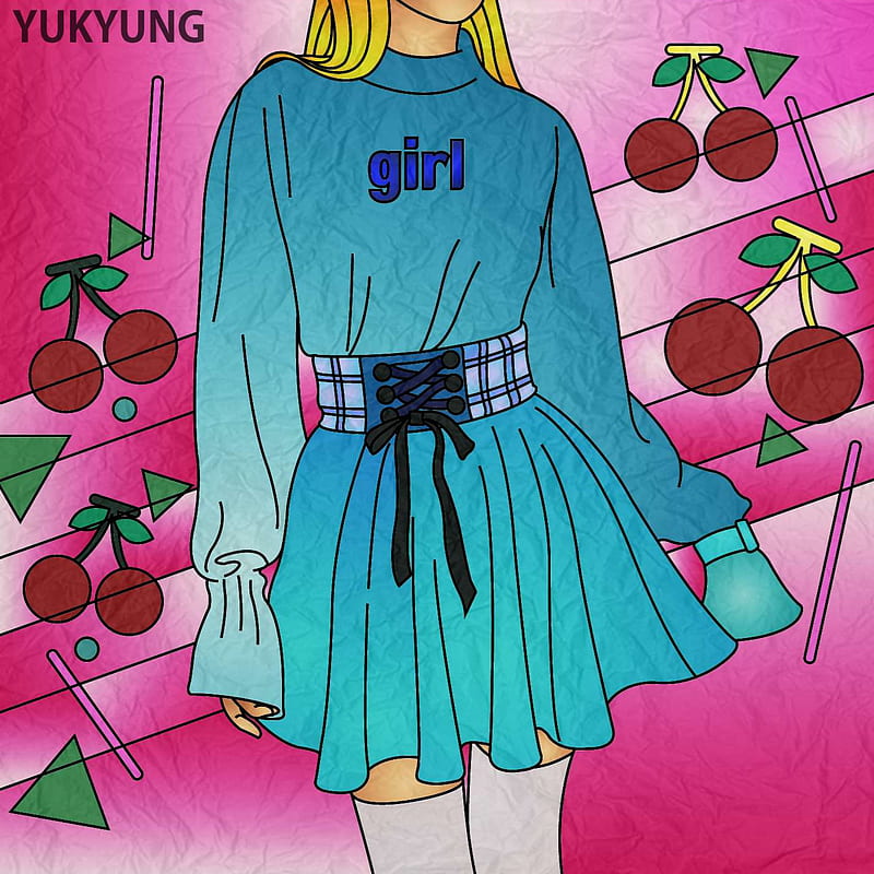 Girl Wit Cherries, blue, cherries, dress, girl, pink, HD mobile ...