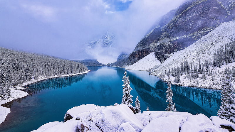 Lake Between Mountain Covered With Snow During Winter Winter, HD wallpaper