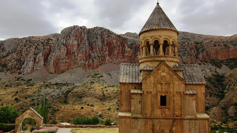 noravank monastery in armenia, bell tower, cliffs, canyon, monastery, HD wallpaper