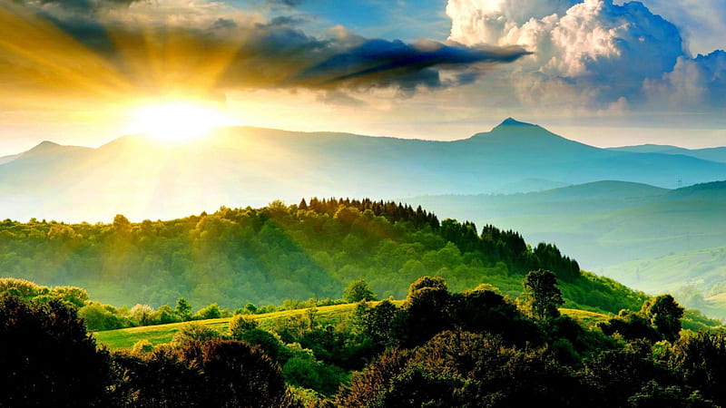 superb mountain sunrise, hills, beams, mountains, sunrise, trees, clouds, HD wallpaper