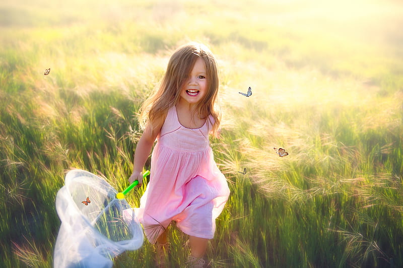 Little Girl, Girl, Field, Butterflies, Playing, Child, HD wallpaper