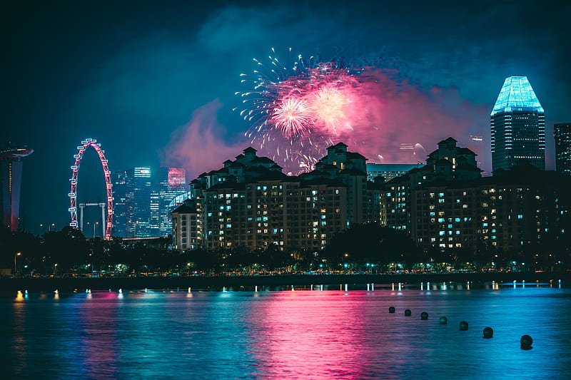 fireworks above high-rise buildings at nighttime, HD wallpaper