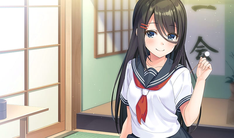 smiling, anime school girl, japanese room, black hair, blue eyes, blushes, Anime, HD wallpaper