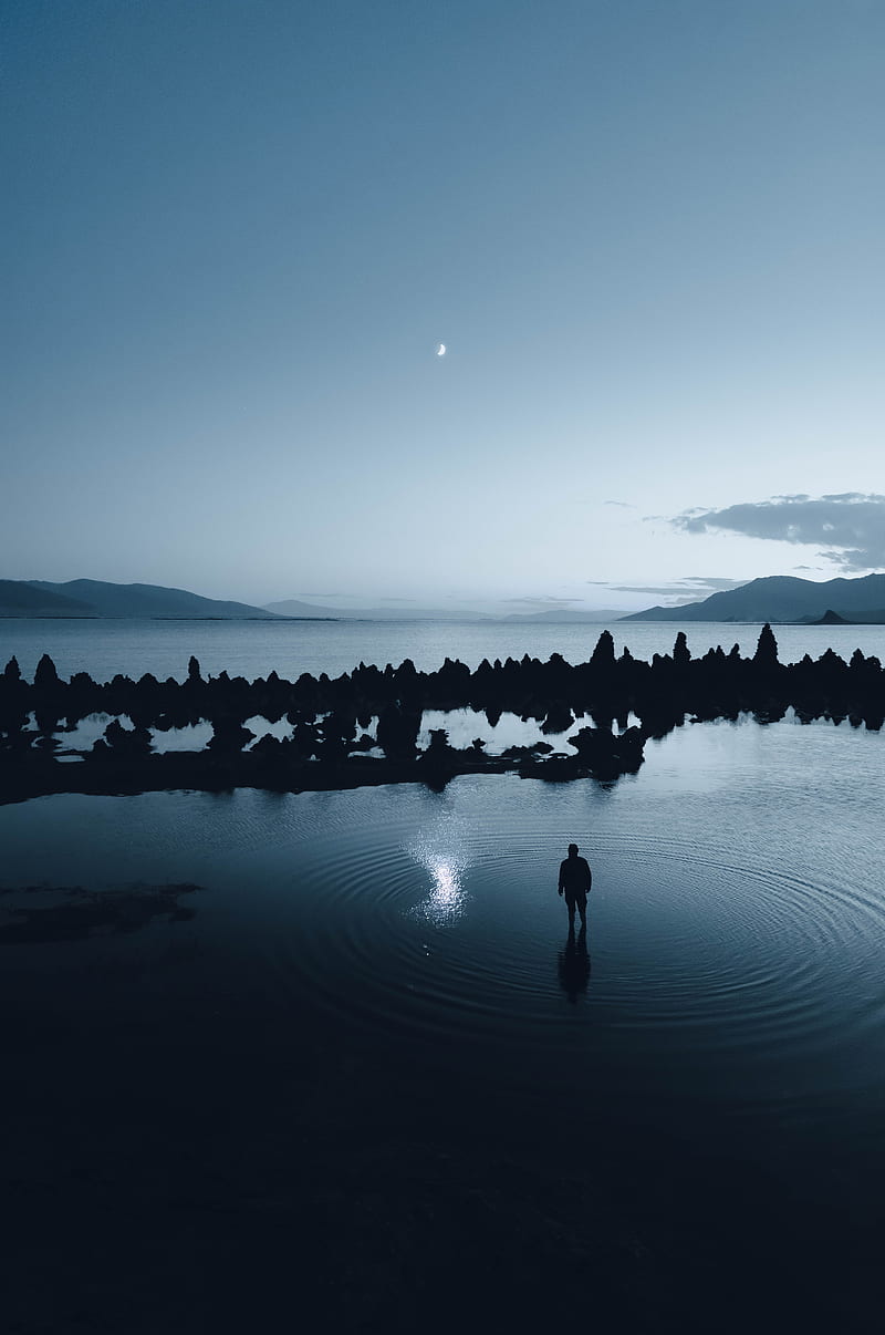 silhouette, lake, night, dark, landscape, HD phone wallpaper