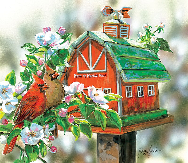 Farm to Market Road, cardinals, feeder, tree, painting, birds, blossoms, spring, artwork, HD wallpaper