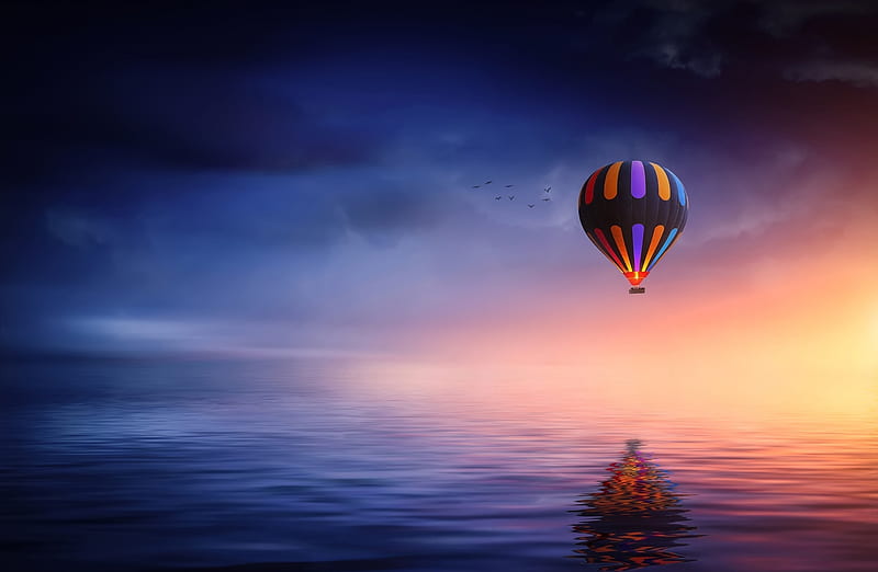 Hot Air Balloon Ride Fantasy Ultra, Aero, Creative, Travel, Colorful, Water, Reflection, Ride, Adventure, HD wallpaper