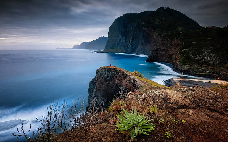 Madeira, North Atlantic Ocean, coast, mountain landscape, evening, sunset, Portugal, HD wallpaper