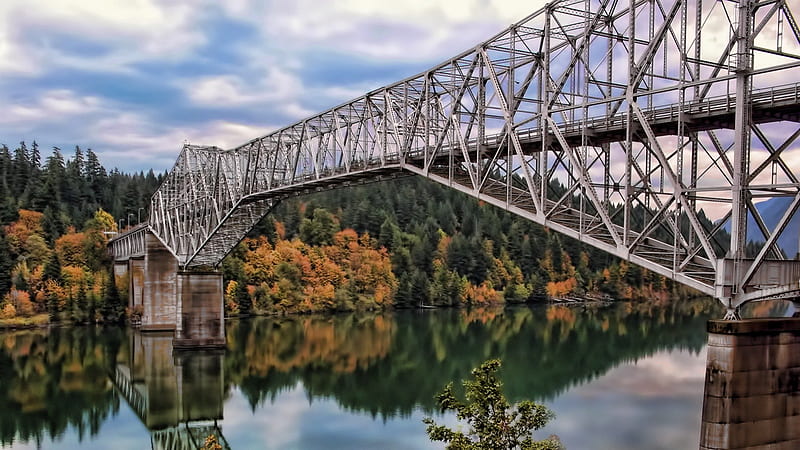 beautiful metal bridge r, forest, autumn, bridge, river, r, reflection, HD wallpaper