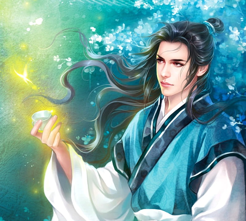 Wizard, art, guy, valleyhu, yellow, qing hua zhen, man, fantasy, magical, hand, asian, white, blue, HD wallpaper