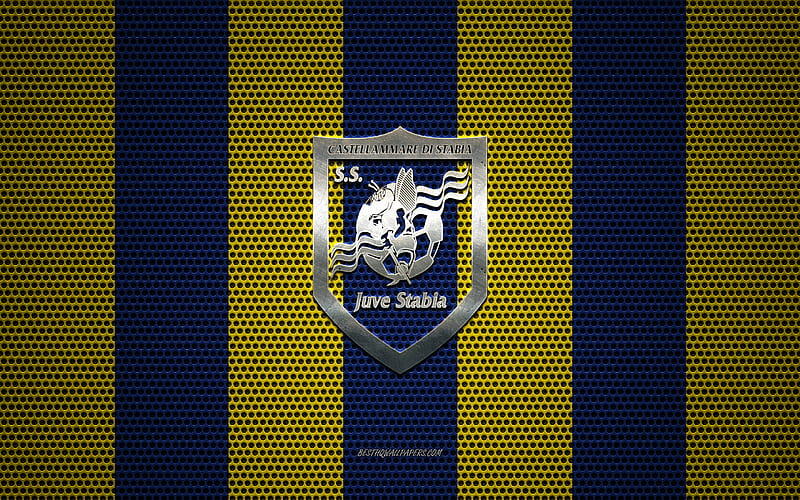 SS Juve Stabia logo, Italian football club, metal emblem, blue and yellow metal mesh background, SS Juve Stabia, Serie B, Castellammare di Stabia, Italy, football, HD wallpaper