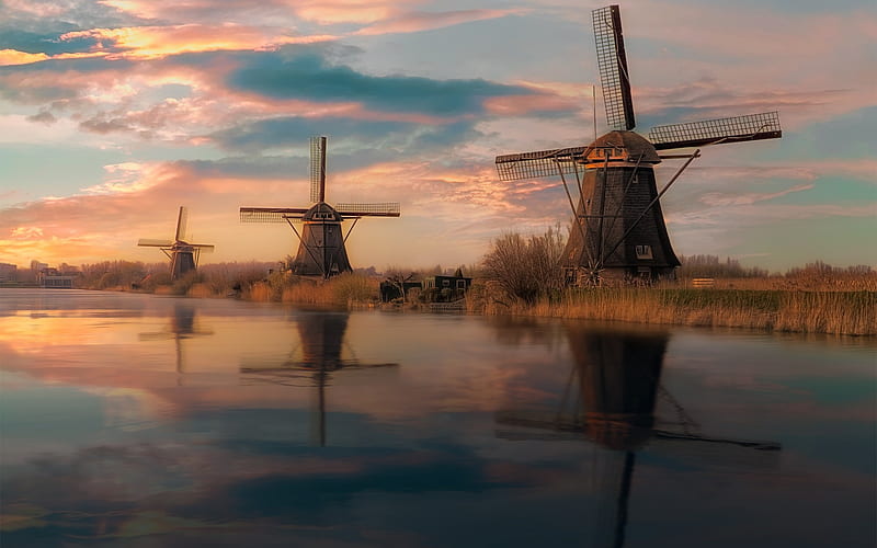 old wooden mill, sunset, evening, Holland, river, Netherlands, HD wallpaper