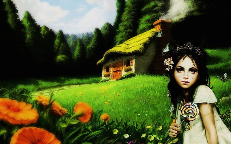 fantasy, butterflies, house, girl, HD wallpaper