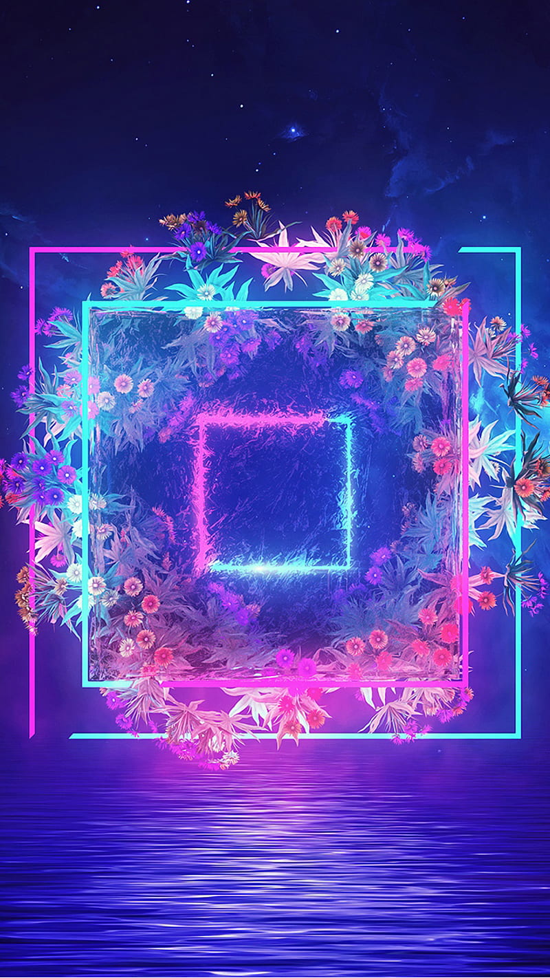 Neon, flowers, squares, neon flower, colors, flowers, blue, pink, HD phone wallpaper