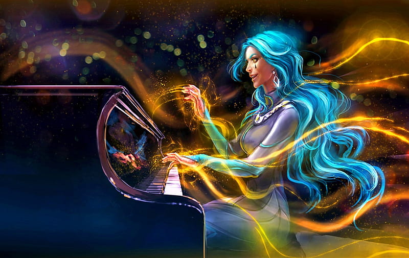 The Magic of Music, fantasy, piamo, music, magic, women, HD wallpaper